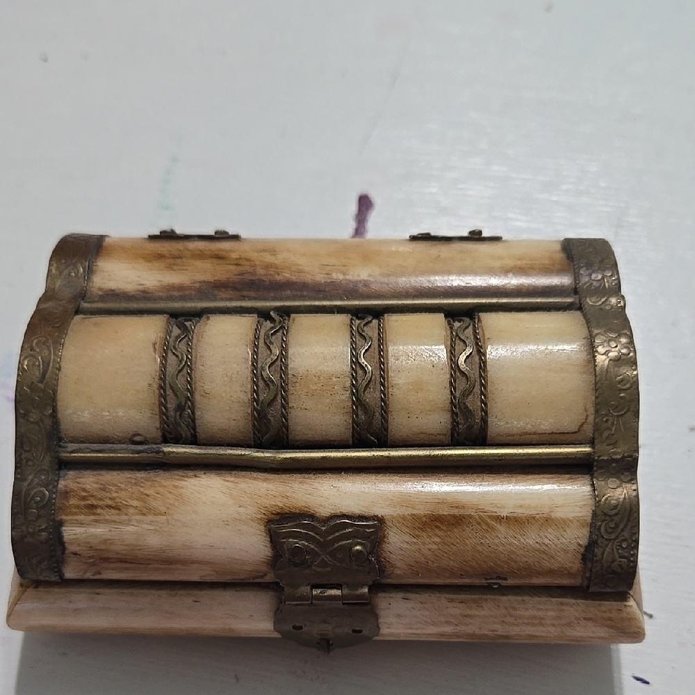 Vintage Resin Ivory Trinket Box with Brass Accents